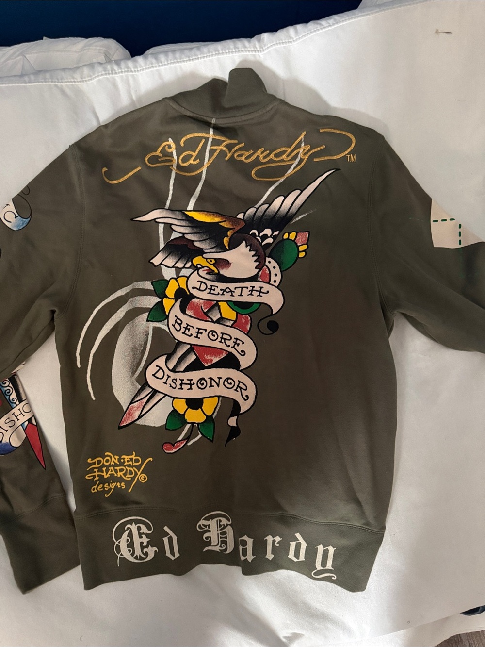 Ed Hardy Olive Green 'Death Before Dishonor' Tattoo-Style Hoodie